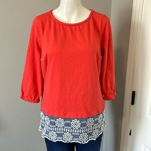 Boden Jersey Broderie Overlay Top Bobble Trim Red Chambray 3/4 Sleeve Sz 10